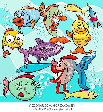 Cartoon Illustrations of Comic Fish Sea Life Animal Characters Group