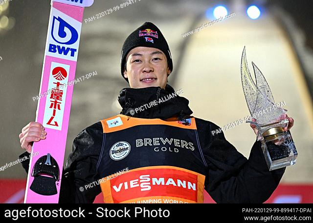 29 January 2022, Hessen, Willingen: Nordic skiing, ski jumping: World Cup, large hill, men. Ryoyu Kobayashi from Japan is happy after his victory in the jumping...
