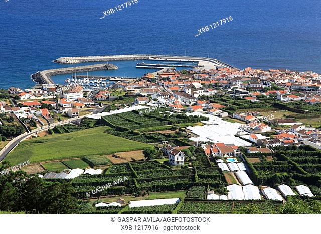 Landscape from the south coast of Sao Miguel island, Azores, showing the new port facilities in the town of Vila Franca do Campo