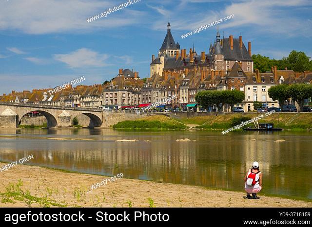 France, Loiret (45), Gien, La Loire river with low level during an hot summer, back old bridge also called Anne-de-Beaujeu bridge and old town and Gien castle