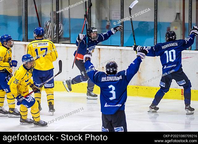 Tommi Mannisto (FIN), 3rd from right, celebrates a goal during the Hlinka Gretzky Cup U-18, match for third place Sweden vs Finland, on August 7, 2021