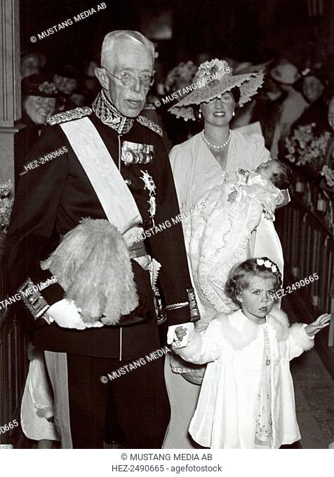 Christening of Princess Desiree of Sweden at the Church of Solna, Sweden, 30 June 1938. Princess Sibylla (1908-1972), the wife of Prince Gustaf Adolf
