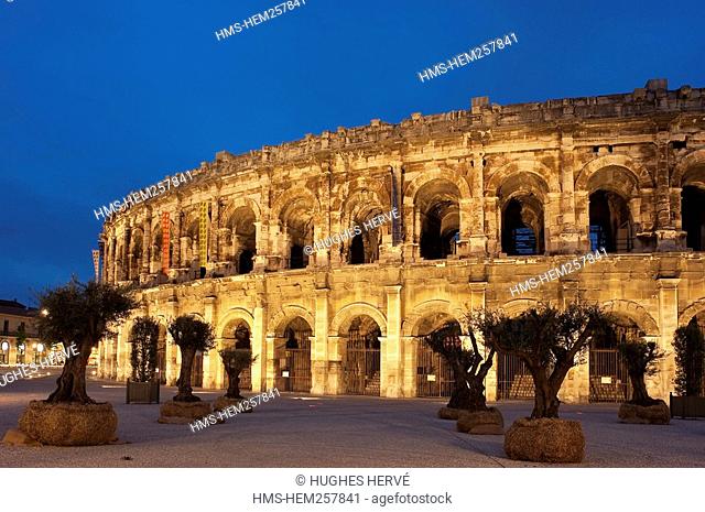France, Gard, Nimes, arenes bullring, Place des Arenes and Olive trees in pots