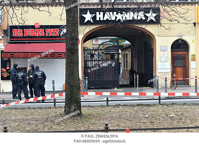 Policemen in front of the entrance to the Club Havana in the Schoeneberg district in Berlin, Germany, 12 February 2017. Two doormen have were shot in front of...