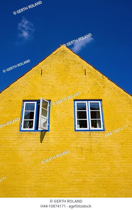 Aeroskobing, Denmark, island, isle, Aero, town, city, house, home, window, yellow house color, clouds