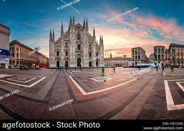 MILAN, ITALY - JANUARY 2, 2015: Milan Cathedral (Duomo di Milano) and Piazza del Duomo in Milan, Italy. Milan's Duomo is the second largest Catholic cathedral...