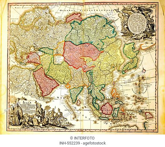 cartography, maps, Asia, coloured copper engraving, Atlas Novus by Georg Matthaeus Seutter, printed by Johann Peter von Behlen, Vienna, 1728, private collection