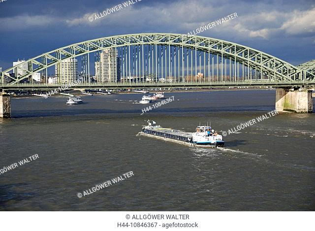 Germany, Europe, Cologne city, Inland navigation, arch bridge, railroad, railway, industry, Rhine river, freighter, fr