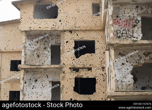 Beqaa, Lebanon, April 04 - 2017: Marks of War, Lebanese house machine-gunned, bombed, destroyed by civil war, Lebanon mountains
