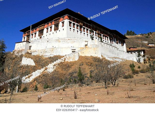 Paro Rinpung Dzong, Buddhist monastery and fortress, on a hill above a river Paro Chu near to the city Paro