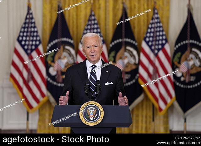 United States President Joe Biden delivers remarks on the COVID-19 response and the vaccination program in the East Room of the White House in Washington