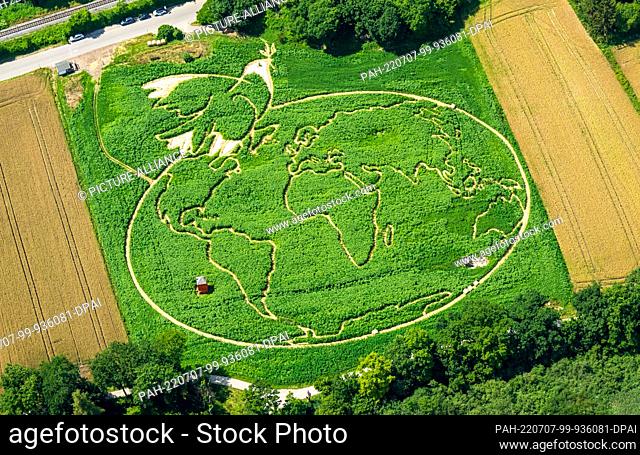 06 July 2022, Bavaria, Utting am Ammersee: The aerial view shows an elaborately designed plant field not far from the Ammersee lake in Upper Bavaria