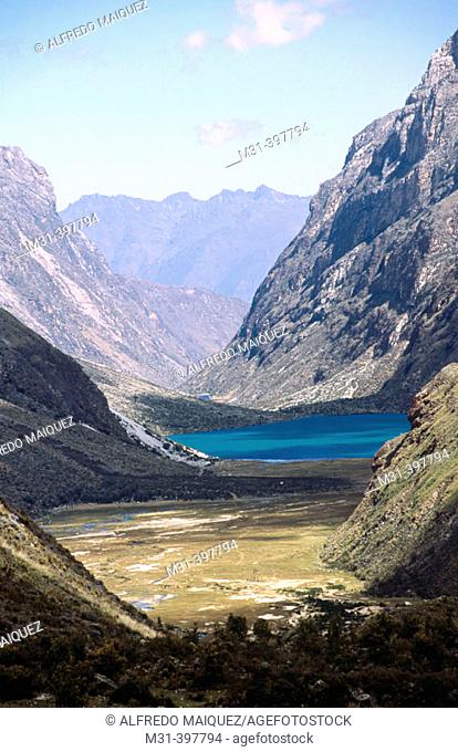 Santa Cruz Valley and Jatuncocha lake. Cordillera Blanca. Andes Mountains. Peru