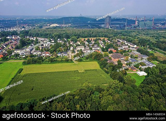 Bottrop, North Rhine-Westphalia, Germany - Bottrop city overview. In the back right coking plant ArcelorMittal Bottrop. In the back center the tetrahedron on...