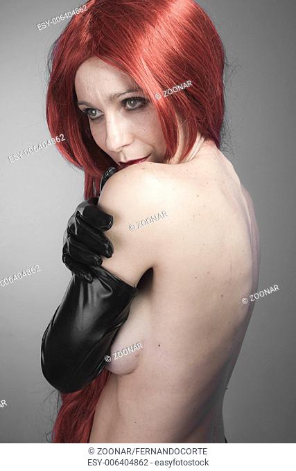 Sensuality, Female, redhead woman with black latex gloves, bare