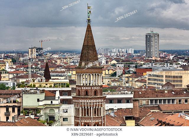 San Gottardo in Corte church belfry, View from the roof of Cathedral, Duomo, Milan, Lombardy, Italy