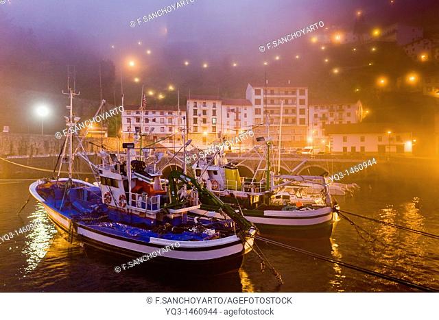 Fishing boats in the mist at sunrise, port of Elantxobe, Urdaibai, Vizcaya, Basque Country, Spain