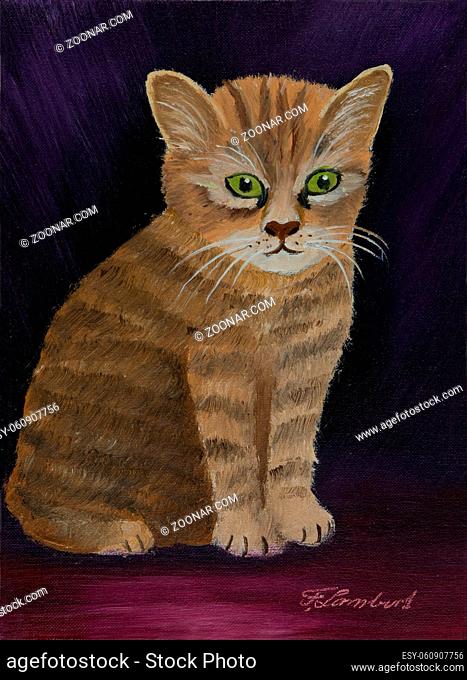 Ölbild - Braun gestreifte Katze vor einem lila Hintergrund