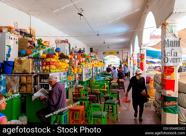Sucre Bolivia October 11 Fresh fruit and salads for sale in one of the stalls of the central market of Sucre. Shoot on October 11, 2019