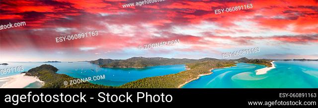 Amazing island in the middle of the ocean. Panoramic view at sunset. Holiday and travel concept
