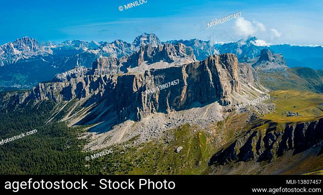 Europe, Italy, Alps, Dolomites, Mountains, Croda da Lago, Formin, Aerial view from Passo di Giau