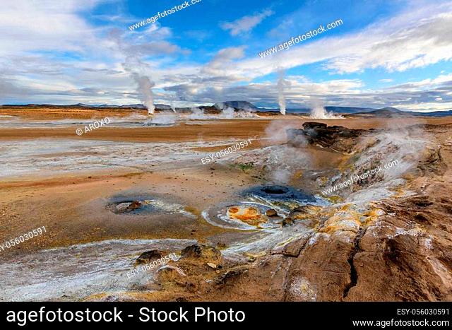 Amazing landscape in the north of Iceland near Lake Myvatn. Panoramic view in myvatn geothermal area. Beautiful landscape in Iceland in an area of active...