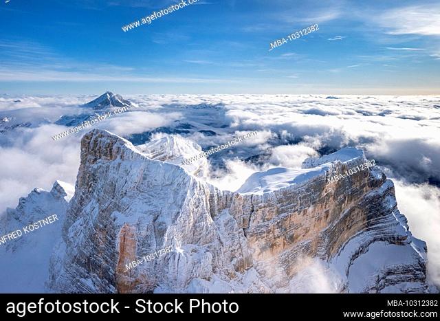 Cadore, Belluno Province, Veneto, Italy, Europe. Aerial view of Monte Pelmo, also called IL CAREGÓN DEL PADRETERNO (throne of the gods)