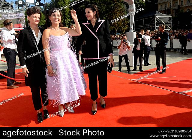 Czech Actress Alena Mihulova, center, arrives to the start of the 55th edition of the Karlovy Vary International Film Festival, Friday, August 20, 2021