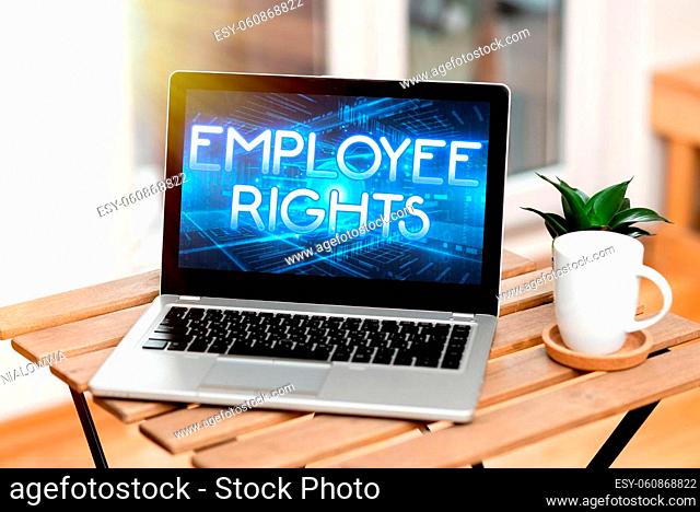 Text showing inspiration Employee Rights, Word Written on All employees have basic rights in their own workplace Laptop Resting On A Table Beside Coffee Mug And...