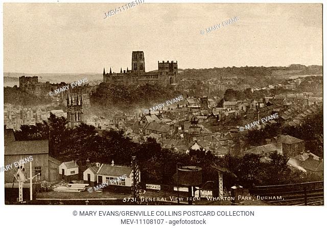 Durham, County Durham, North East England - view from Wharton Park above the Railway Station toward the city, dominated by the magnifent Norman Cathedral and...