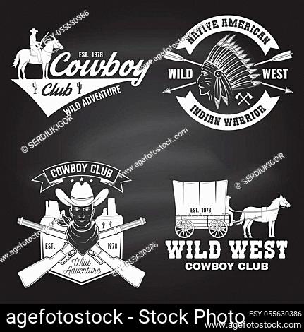 Set of cowboy club badge on chalkboard. Wild west Vector illustration. Concept for shirt, logo, print, stamp, tee with cowboy and covered wagon