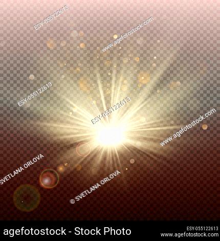 Sunset or sunrise golden glowing bright flash effect. Warm burst with rays and spotlight. Sun realistic lights template. EPS 10 vector file