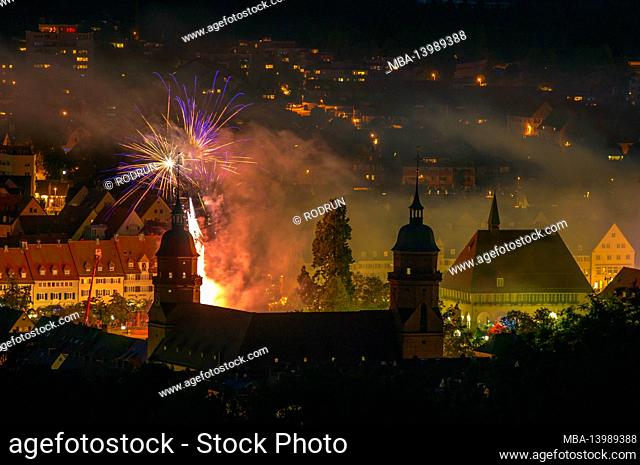 Germany, Baden-Wuerttemberg, Freudenstadt, view of Freudenstadt with city church and town house, fireworks in the city
