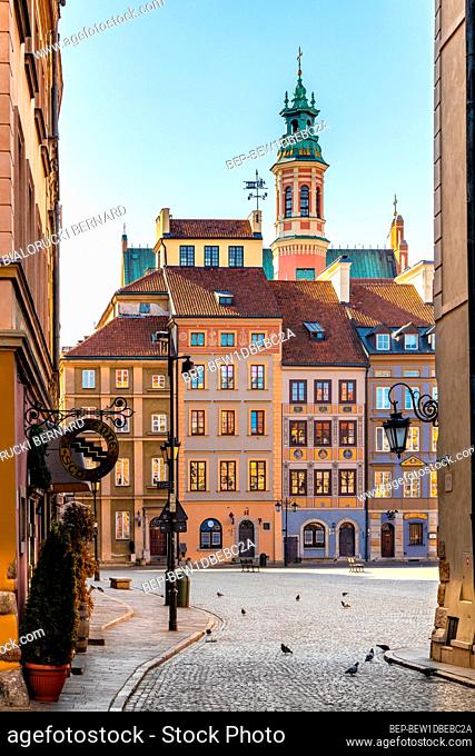 Warsaw, Mazovia / Poland - 2020/05/10: Panoramic view of historic Old Town quarter market square, Rynek Starego Miasta, with tenement houses of Zakrzewskiâ€™s...
