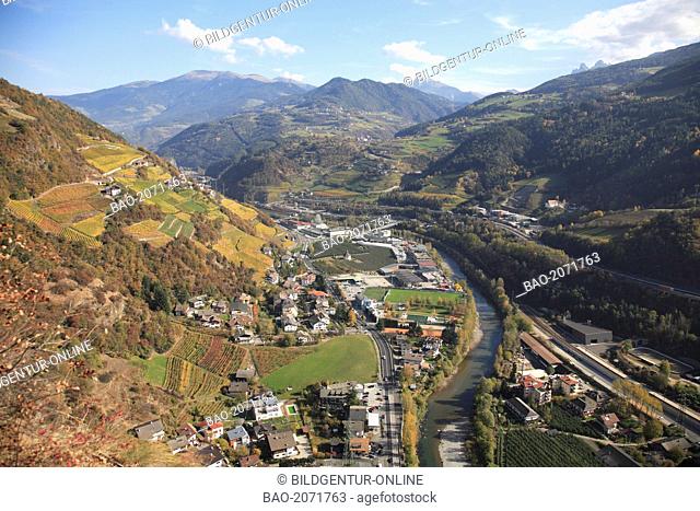 Valley Eisacktal near Klausen, Valle Isarco near Chiusa, Trentino, Italy