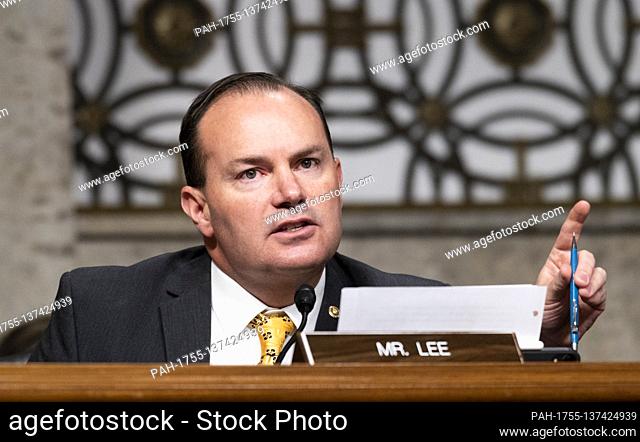 United States Senator Mike Lee (Republican of Utah), questions Mark Zuckerberg, Chief Executive Officer of Facebook, and Jack Dorsey