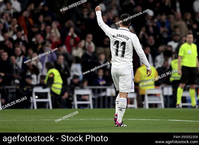 Madrid, Spain; 02.15.2023.- Real Madrid player Asensio celebrates his goal with his teammates. Real Madrid vs Elche, Spanish football La Liga match on matchday...