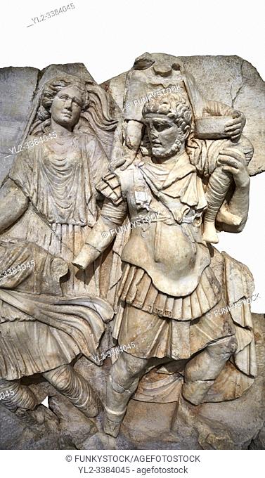 Detail of a Roman Sebasteion relief sculpture of Aineas"" flight from Troy, Aphrodisias Museum, Aphrodisias, Turkey. . . Aineas in armour carries his aged...