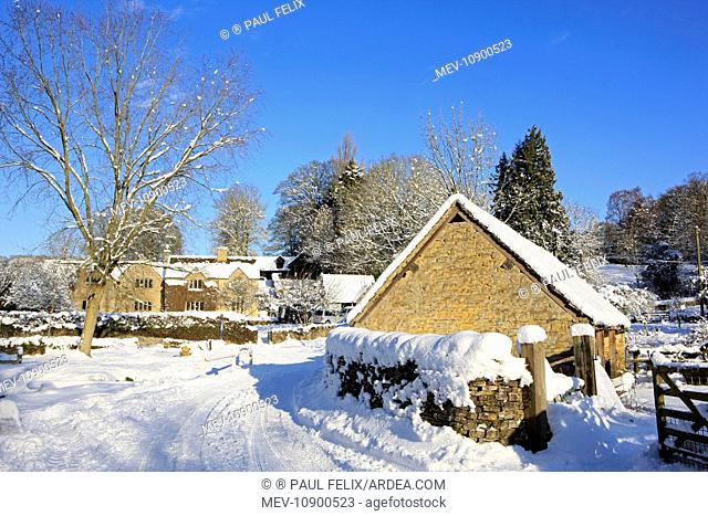 Snow covered Houses. Upper Slaughter, The Cotswolds, UK