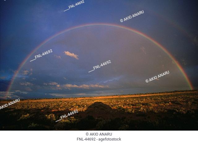 Panoramic view of landscape with rainbow, Nullarbor Plain, South Australia, Australia