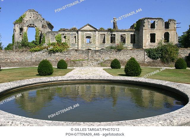 tourism, France, lower normandy, manche, cotentin, cherbourg, abbaye du voeu, abbey, view on the harcourt hotel from the public garden, ruins, vestige, basin