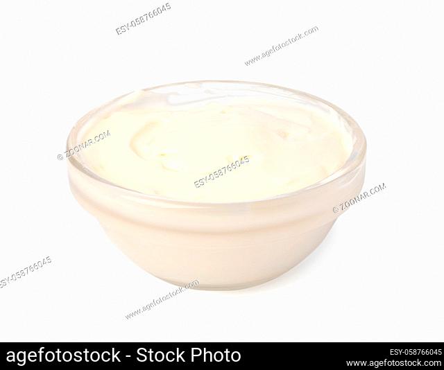 Bowl with mayonnaise isolated on white background