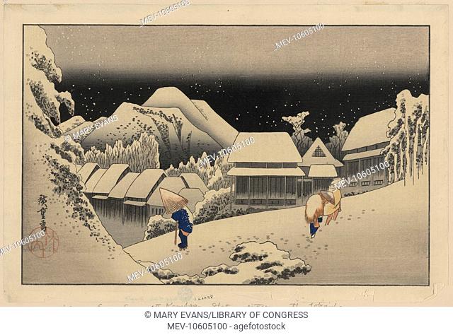 Kanbara. Print shows travelers walking in the snow at night at the Kanbara station on the Tokaido Road. Date between 1833 and 1836, printed later