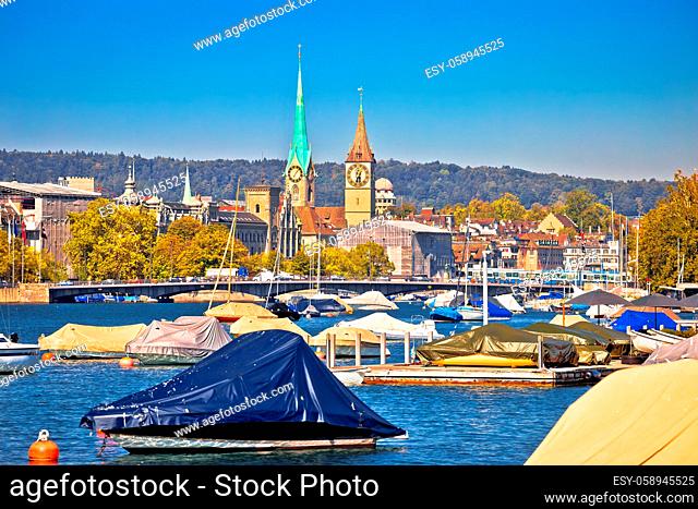 Zurich waterfront landmarks and church colorful view, lake view, largest city in Switzerland