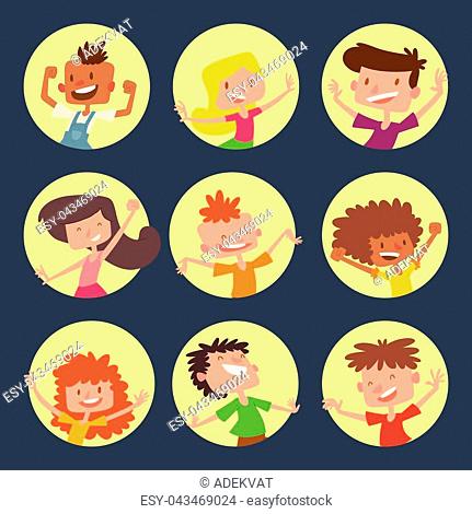 Happy children in different positions big vector jumping cheerful child  group and funny cartoon kids..., Stock Vector, Vector And Low Budget  Royalty Free Image. Pic. ESY-043469024 | agefotostock