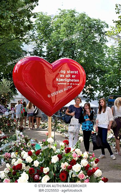 Red heart, symbol, greatest of all is love, in remembrance of the terrorist attacks of 22/07/2011 by Anders Breivik, in front of Oslo Cathedral, Olso Domkirke