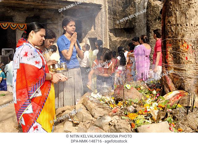 Devotees of lord shiva gathered for celebrating mahashivaratri festival at Mandapeshwar caves ; Borivali ; Bombay now Mumbai ; Maharashtra ; India