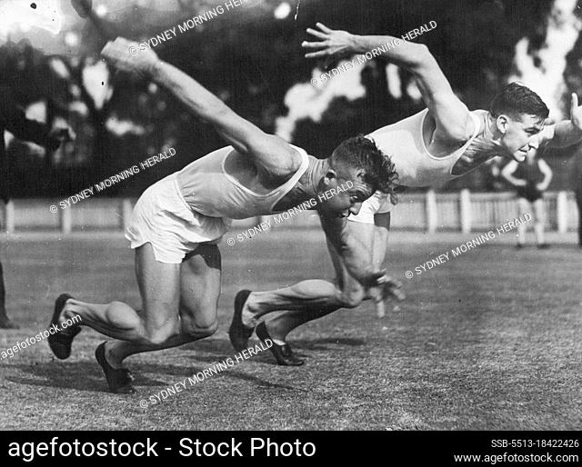 Tensed Muscles spring to act ***** two Stawell Gift entrants, ***** and R. Wilson, practise a clean ***** Morgan, one of the favorites