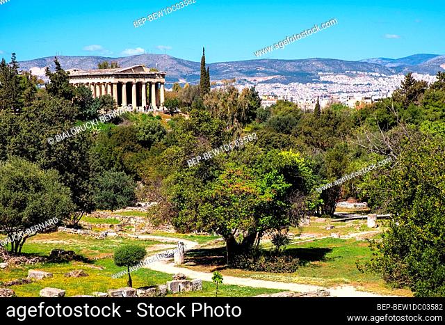 Athens, Attica / Greece - 2018/04/02: Ancient Temple of Hephaestus, Hephaisteion, in Athenian Agora archeological area