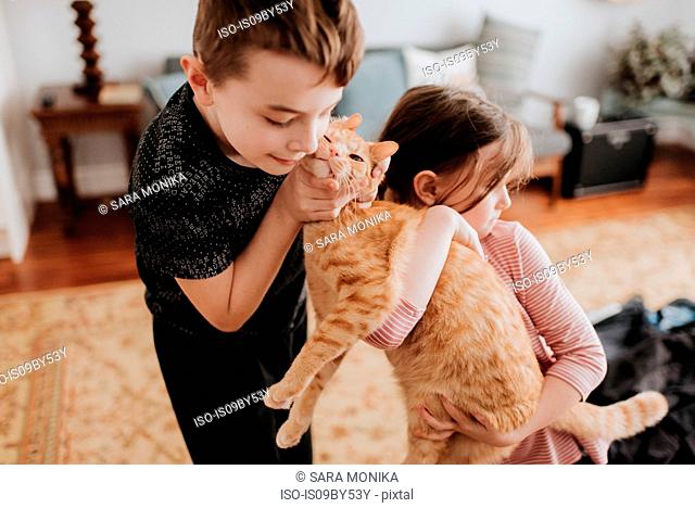 Children playing with cat at home
